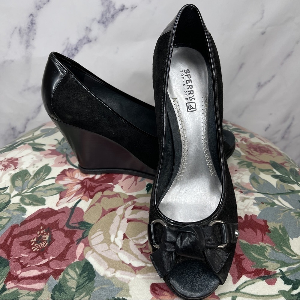 Sperry Top Sider | Silverside Black Suede Open-Toe Wedge Heels